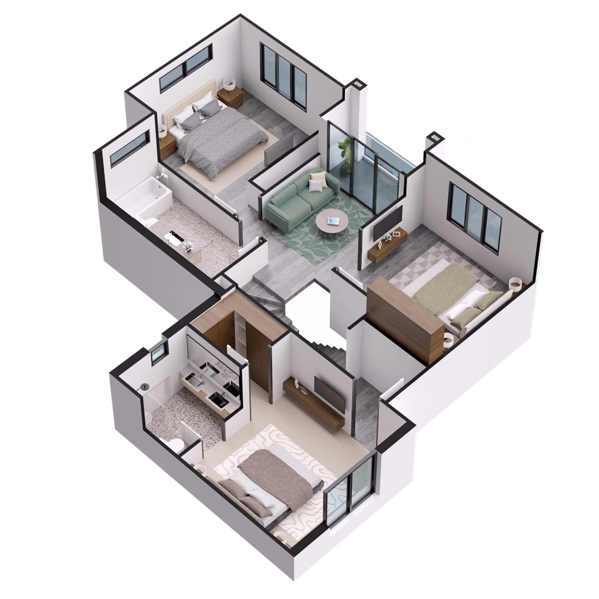 Three-dimensional residential floor plan illustrating layout planning