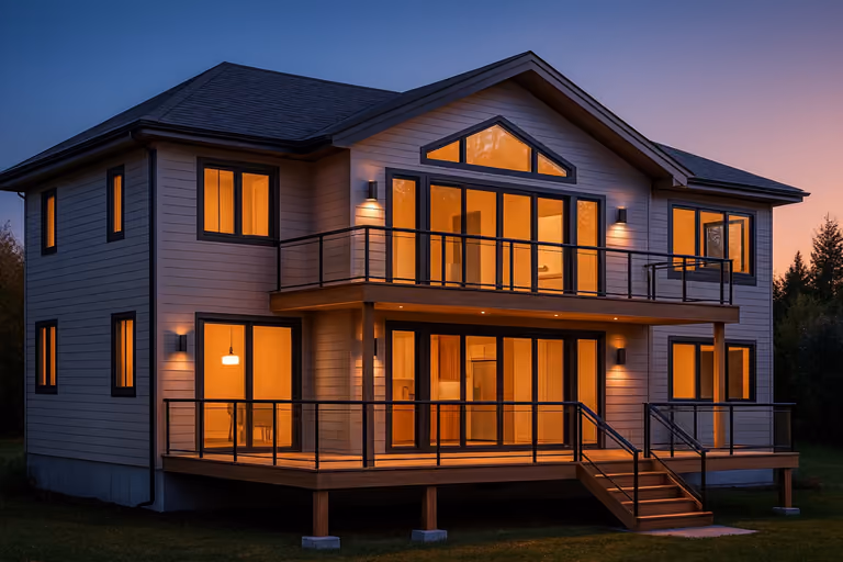 Contemporary custom home at dusk with illuminated windows and broad decks