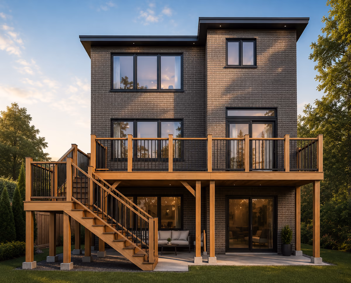 Elevated residential deck with stairs and guards