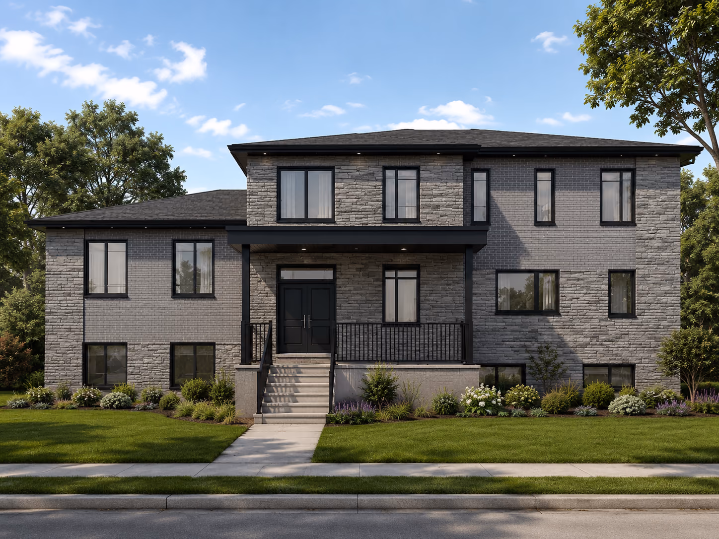 Two-storey custom home rendering with dark masonry, a covered entrance, and large street-facing windows