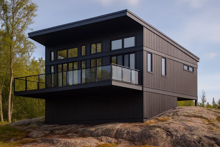 Modern black cottage on exposed rock with a glass balcony