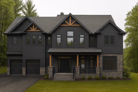 Black custom home exterior with stone and warm wood accents